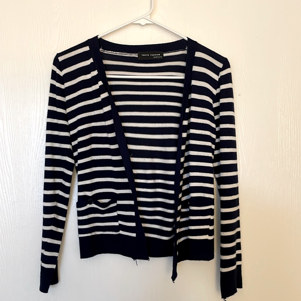 USED - Cardigan with cute pocket details, navy blue white stripes